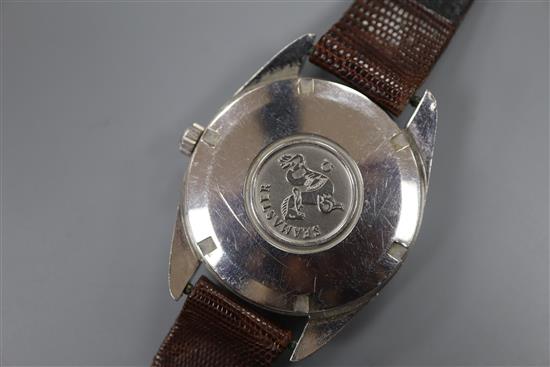 A gentlemans stainless steel Omega Seamaster automatic wrist watch, on associated lizard strap.